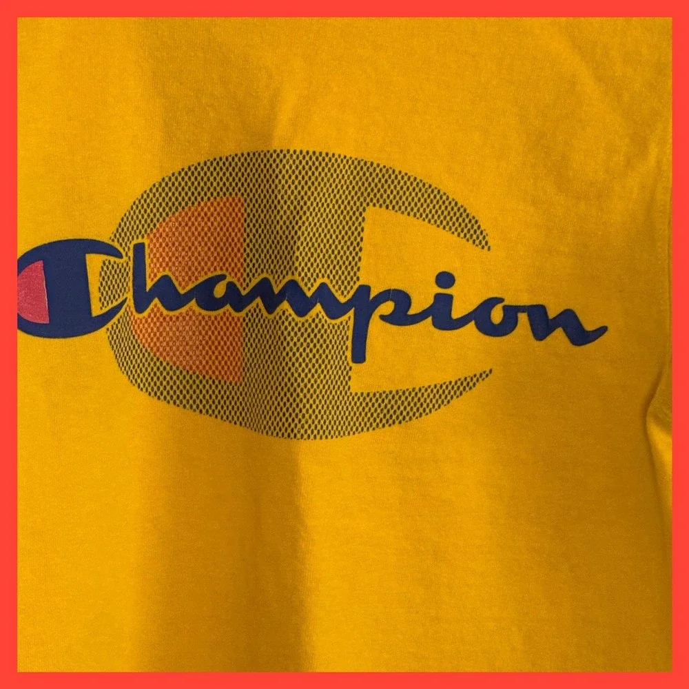 Champion Mens Small Yellow Graphic Logo Short Sleeve T-Shirt Crew Neck Mustard - Picture 2 of 5